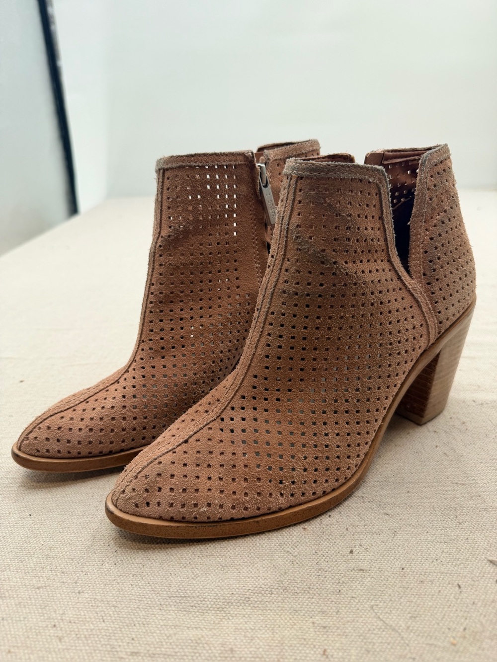 1.State Perforated Suede Ankle Booties in Tan